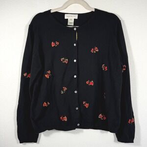 Vintage Susan Bristol Black Cardigan L Scotty‎ Dog Plaid Embroidery Grandmacore